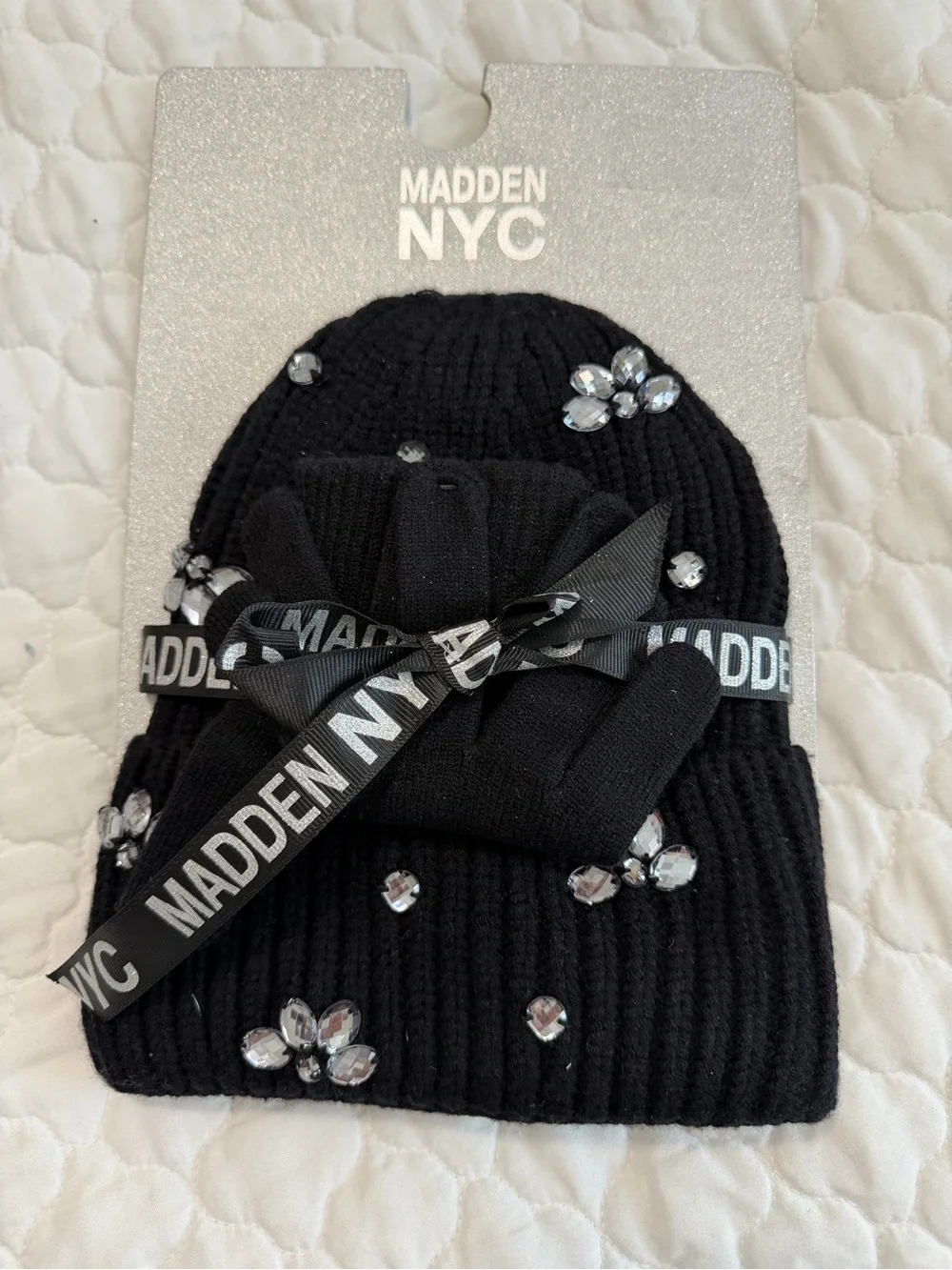 Ladies Black Knit Beanie with Crystal Accents